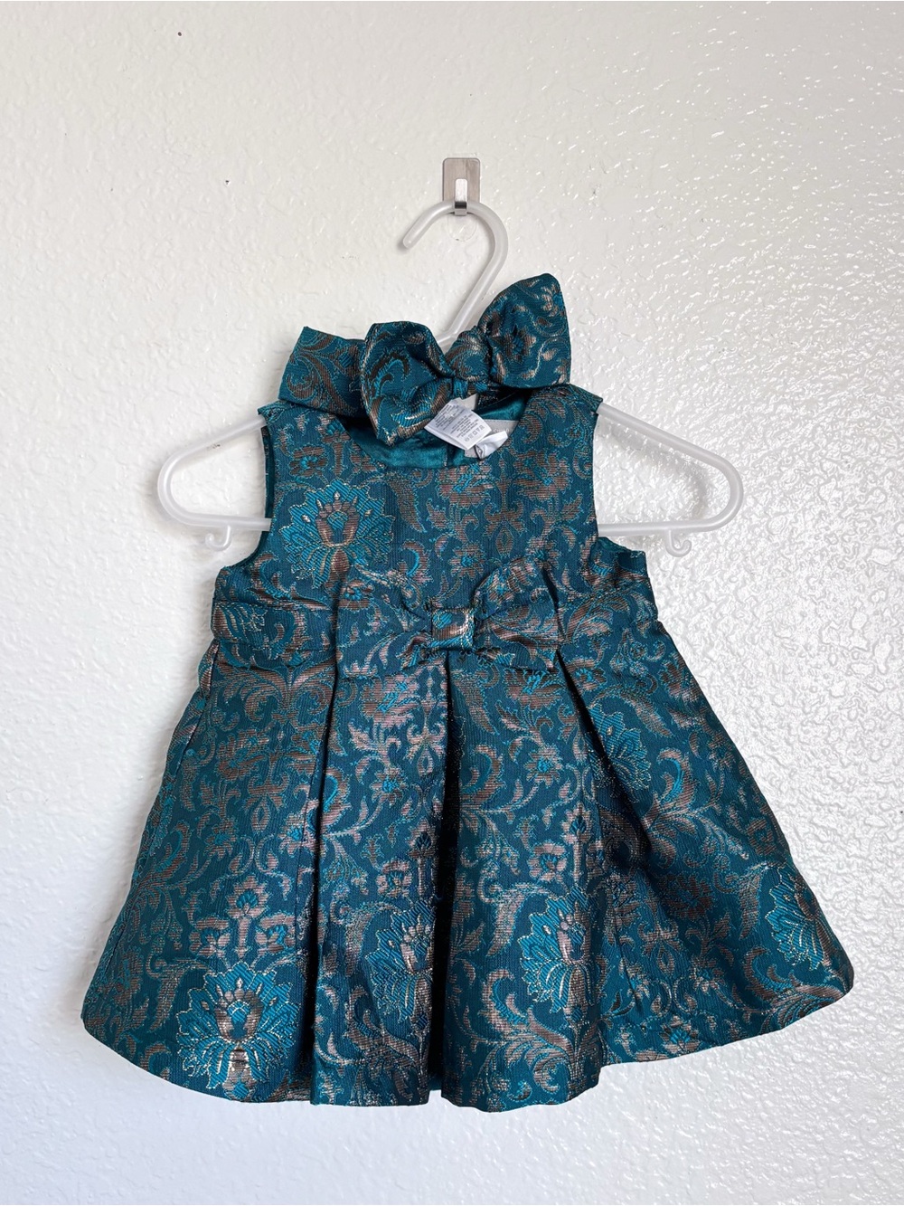 The Children’s Place  Teal Jacquard Brocade Baby Dress with Matching Bow